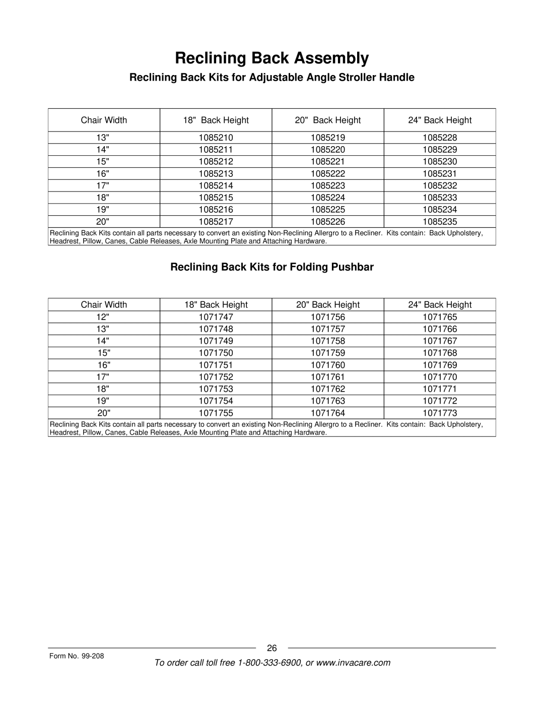 Invacare Allegro manual Reclining Back Kits for Folding Pushbar 