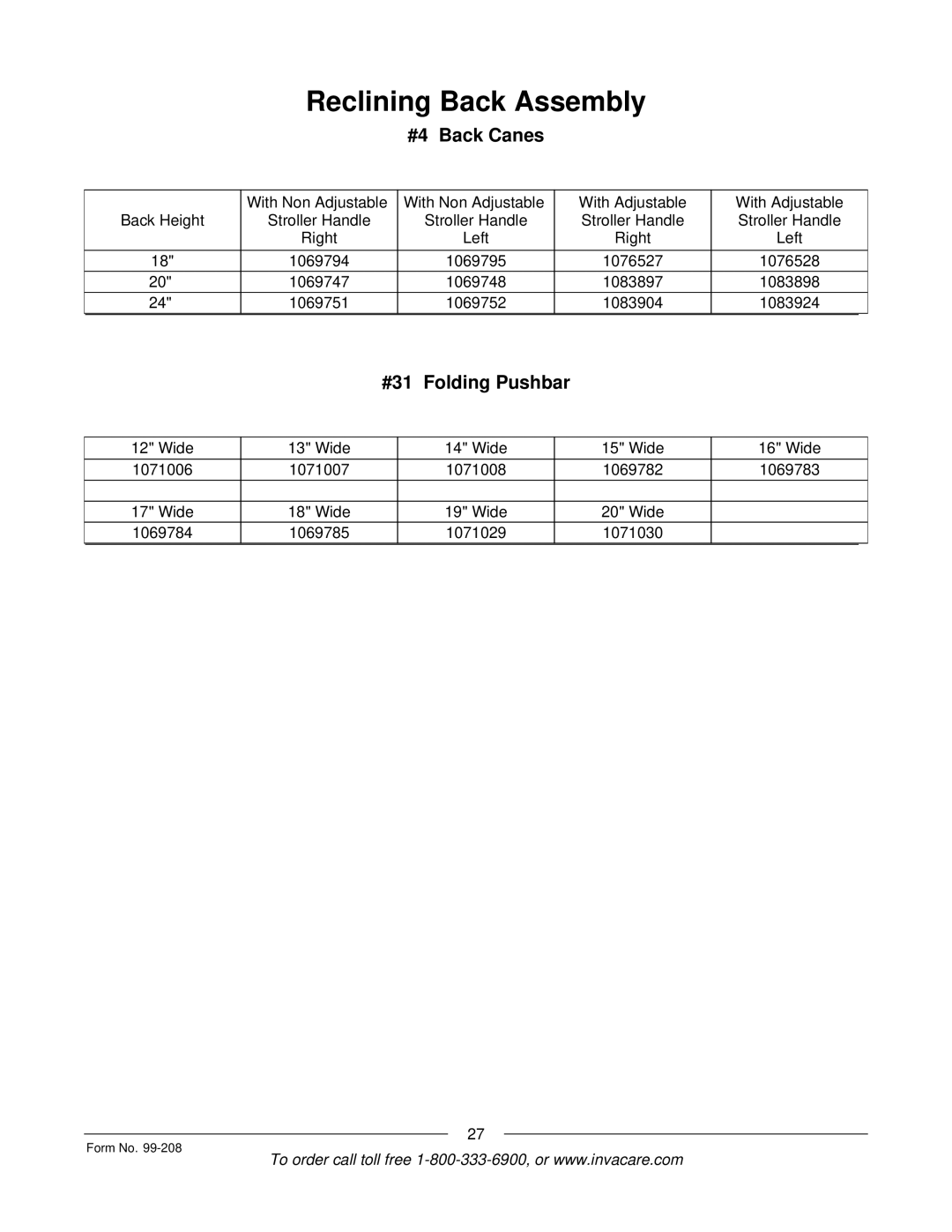Invacare Allegro manual #4 Back Canes, #31 Folding Pushbar 