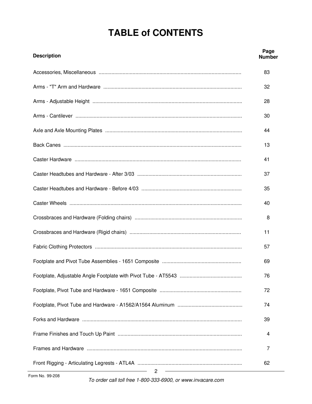 Invacare Allegro manual Table of Contents 