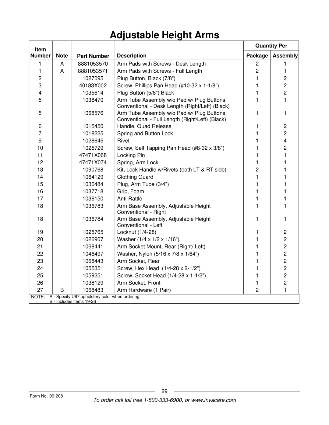 Invacare Allegro manual Quantity Per Number Part Number Description Package Assembly 