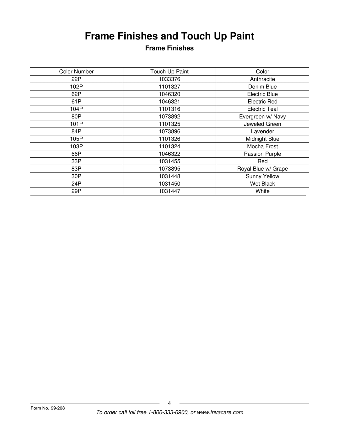 Invacare Allegro manual Frame Finishes and Touch Up Paint 