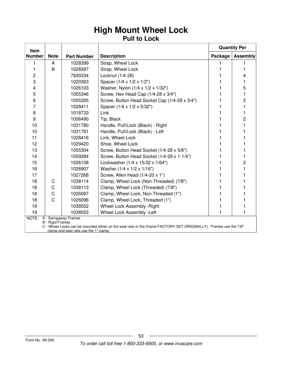 Invacare Allegro manual Quantity Per Number Part Number Description Package Assembly 