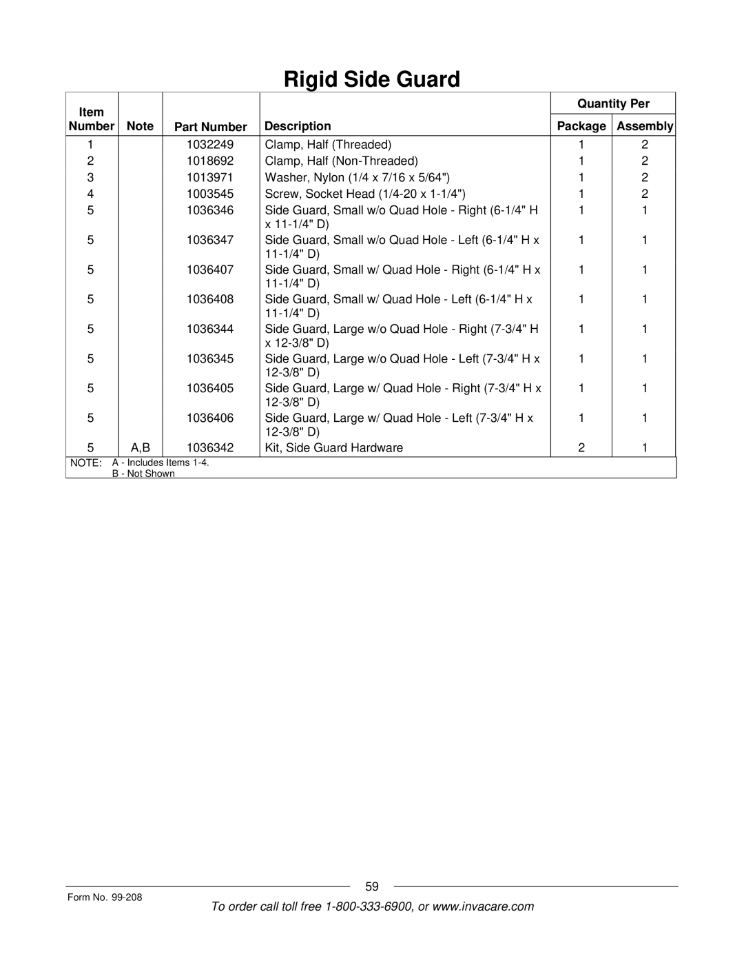 Invacare Allegro manual Items Not Shown Form No 