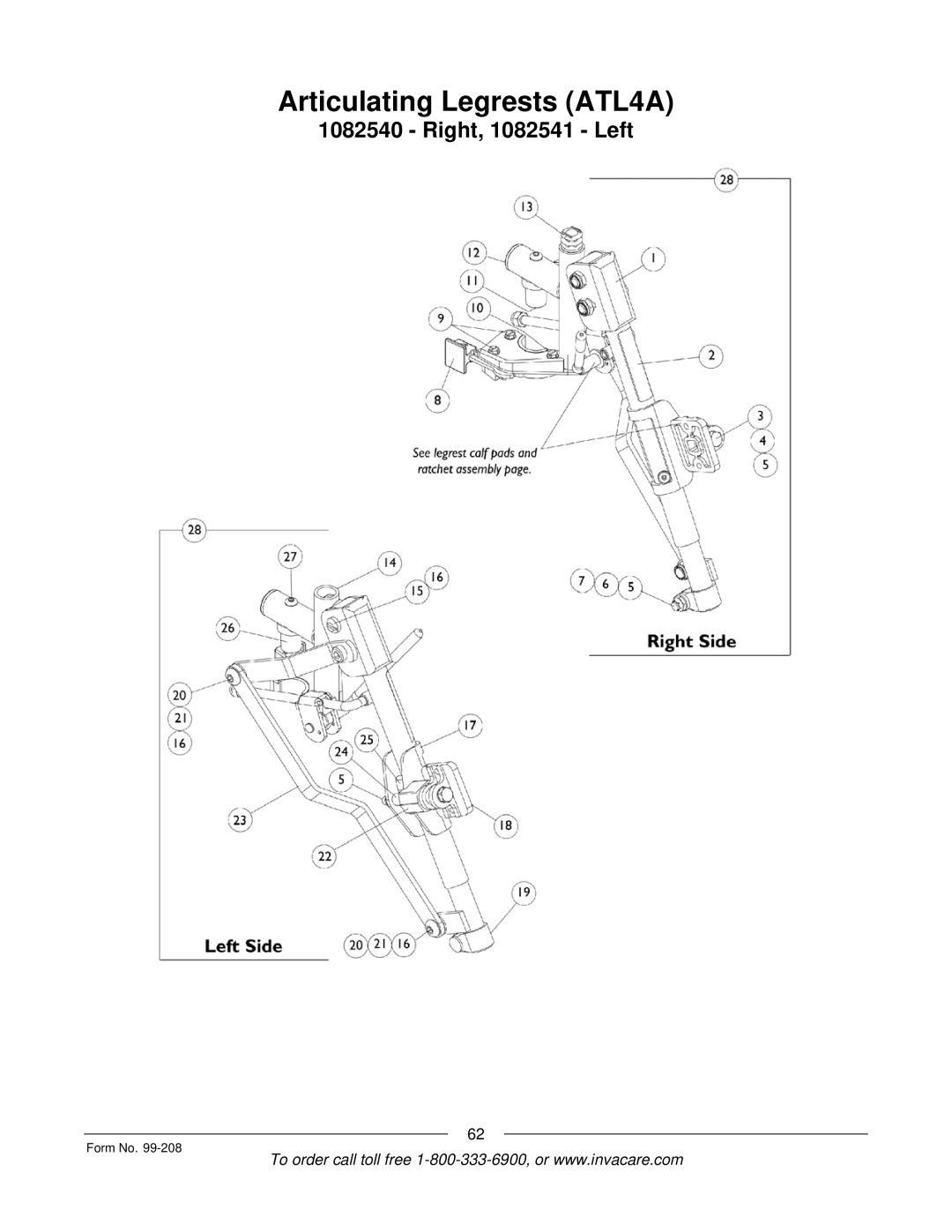 Invacare Allegro manual Articulating Legrests ATL4A 