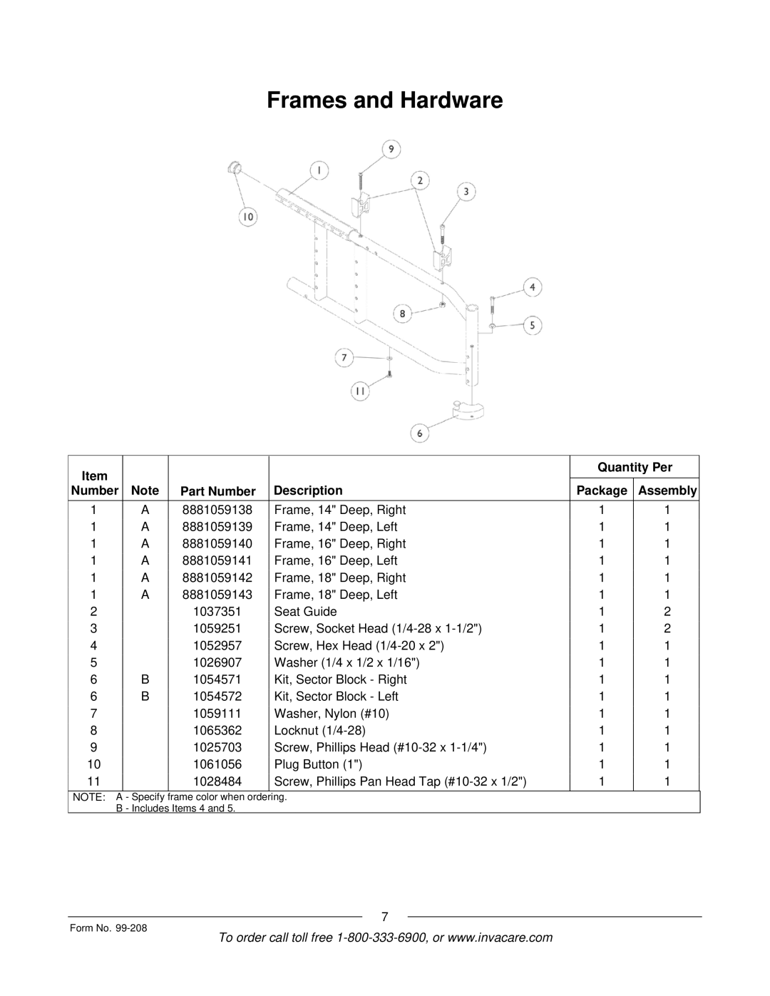 Invacare Allegro manual Frames and Hardware 