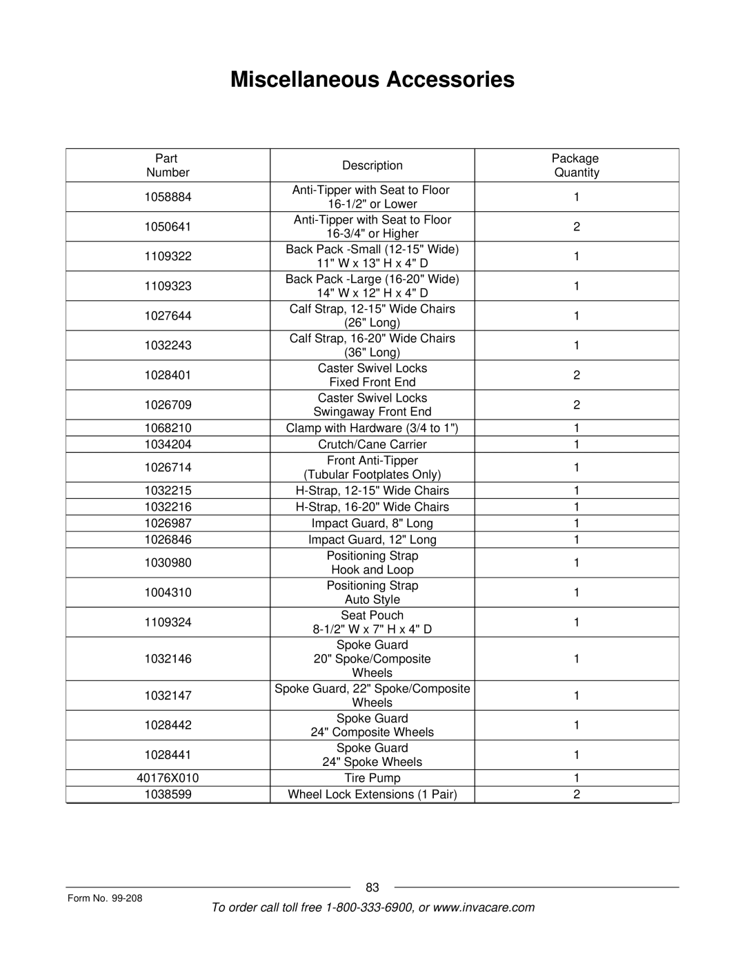 Invacare Allegro manual Miscellaneous Accessories 