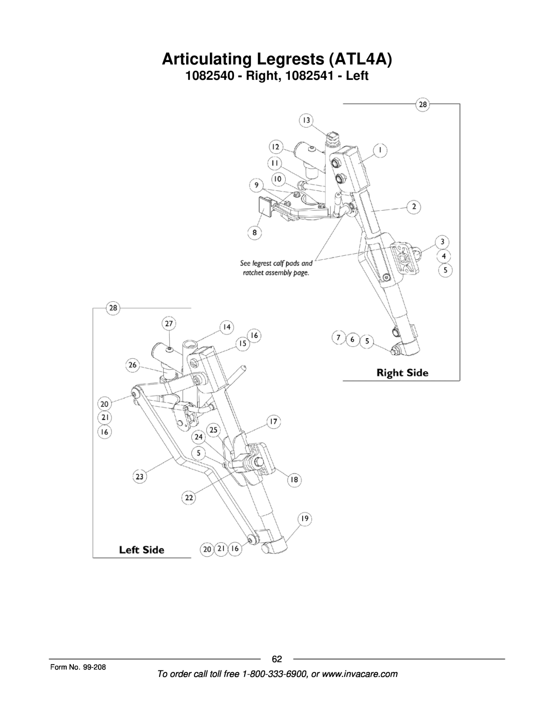 Invacare Allegro manual Articulating Legrests ATL4A, Right, 1082541 - Left, Form No 
