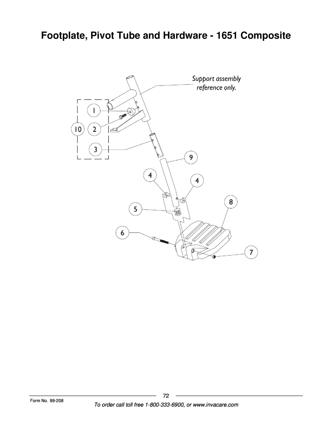 Invacare Allegro manual Footplate, Pivot Tube and Hardware - 1651 Composite, Form No 