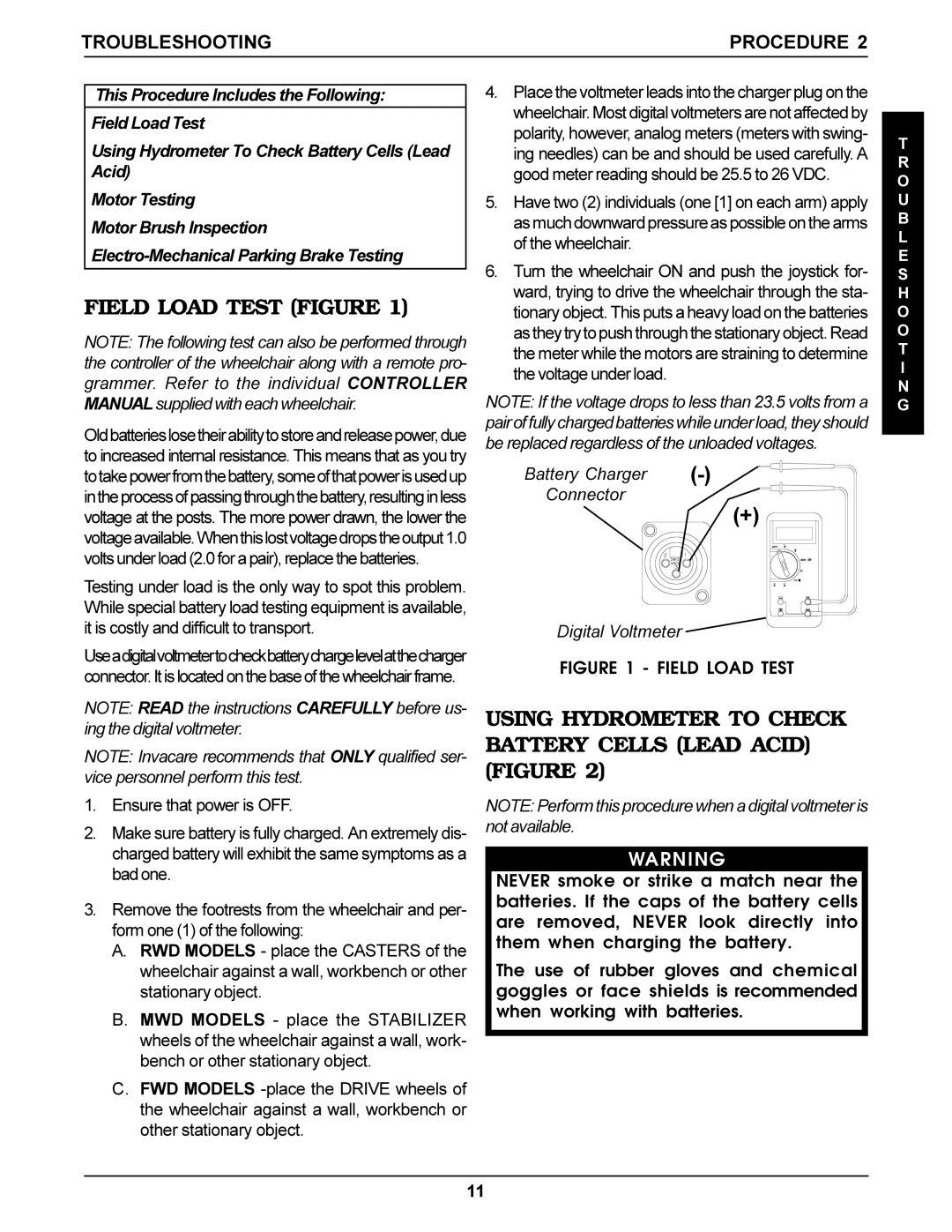 Invacare Ranger X, Arrow, Torque SP Field Load Test Figure, Using Hydrometer to Check Battery Cells Lead Acid Figure 