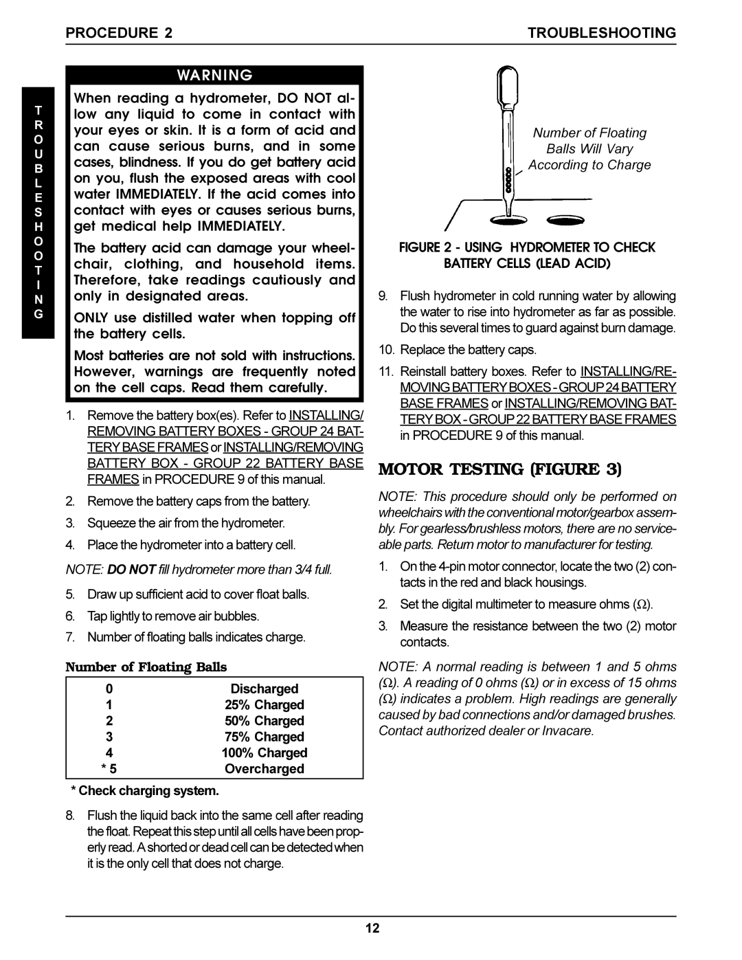 Invacare Arrow Motor Testing Figure, Procedure Troubleshooting, Number of Floating Balls Will Vary, According to Charge 