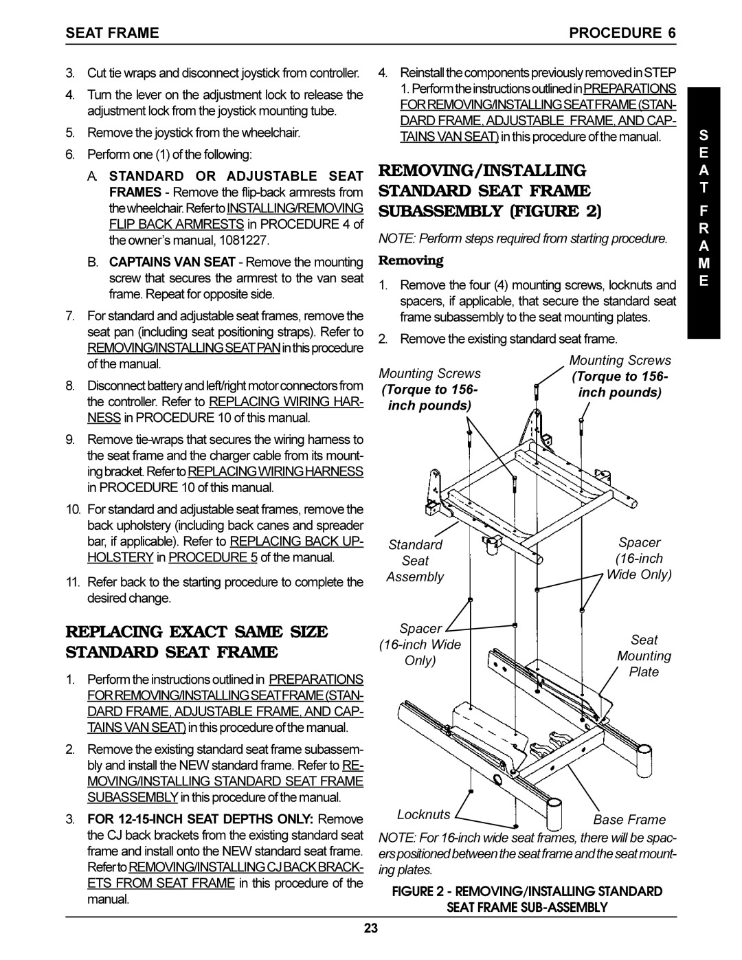 Invacare Ranger X, Arrow REMOVING/INSTALLING Standard Seat Frame Subassembly Figure, Seat Frame Procedure, Removing 