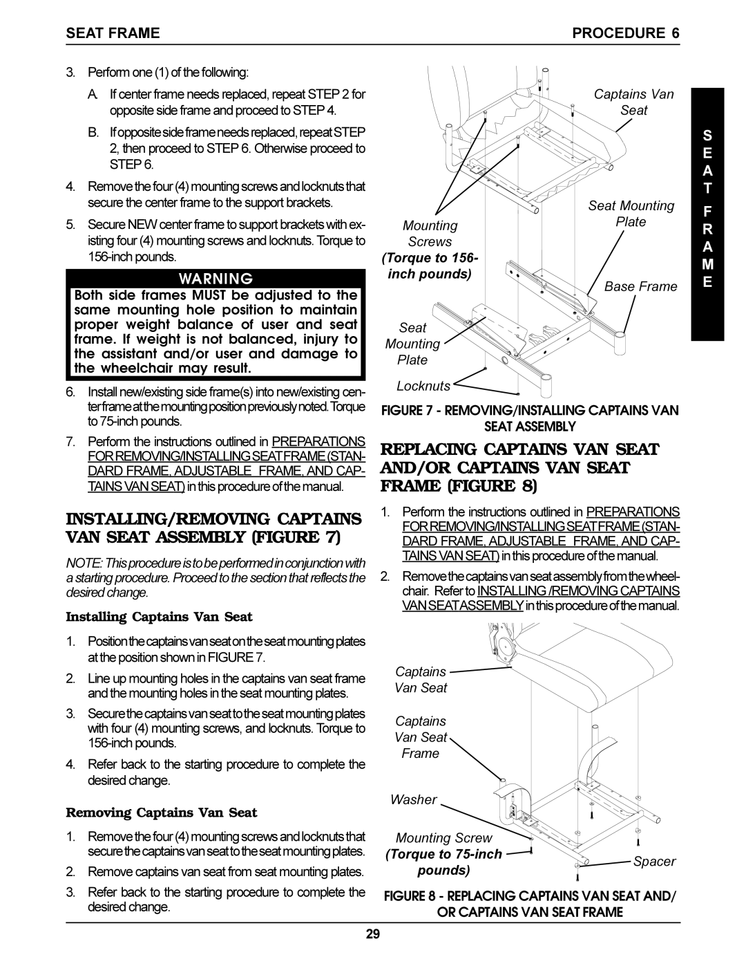 Invacare Ranger X INSTALLING/REMOVING Captains VAN Seat Assembly Figure, Installing Captains Van Seat, Torque to 75-inch 