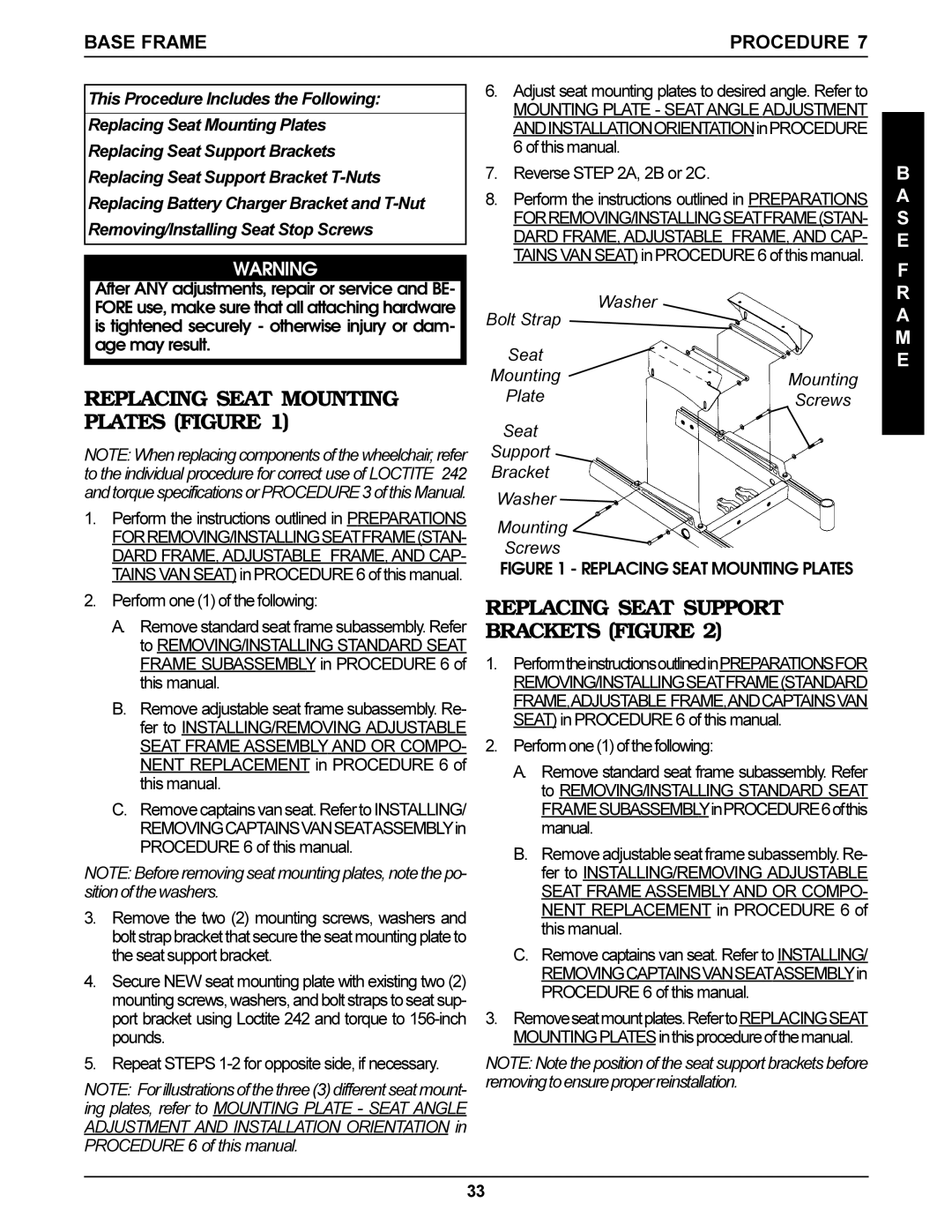 Invacare Arrow Replacing Seat Mounting Plates Figure, Replacing Seat Support Brackets Figure, Base Frame Procedure 