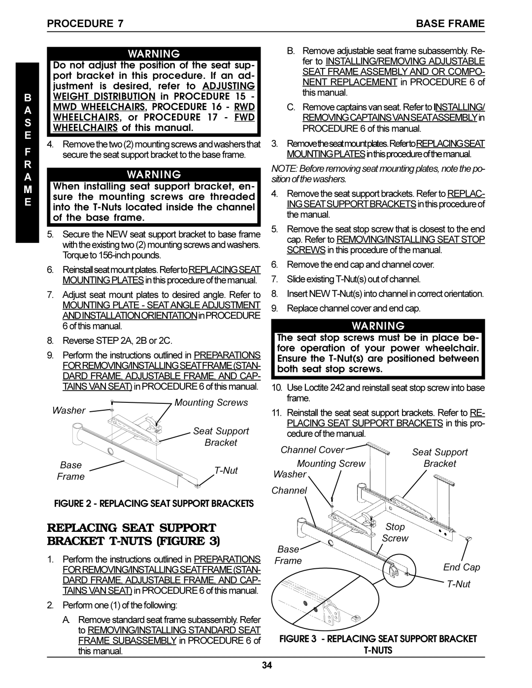 Invacare Torque SP, Arrow, Ranger X service manual Replacing Seat Support Bracket T-NUTS Figure, Procedure Base Frame 