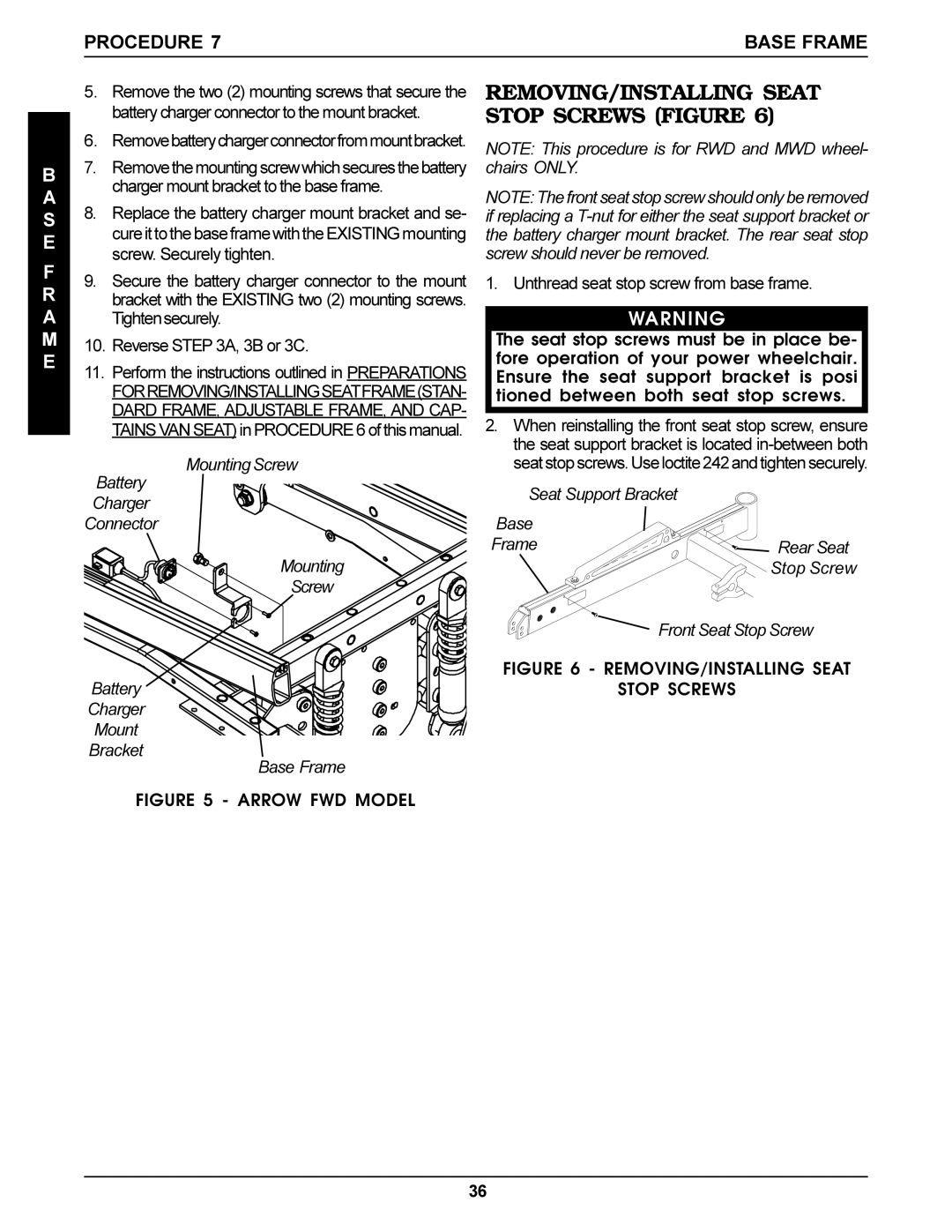 Invacare Arrow REMOVING/INSTALLING Seat Stop Screws Figure, Mounting Screw Battery Charger Connector Bracket Base Frame 