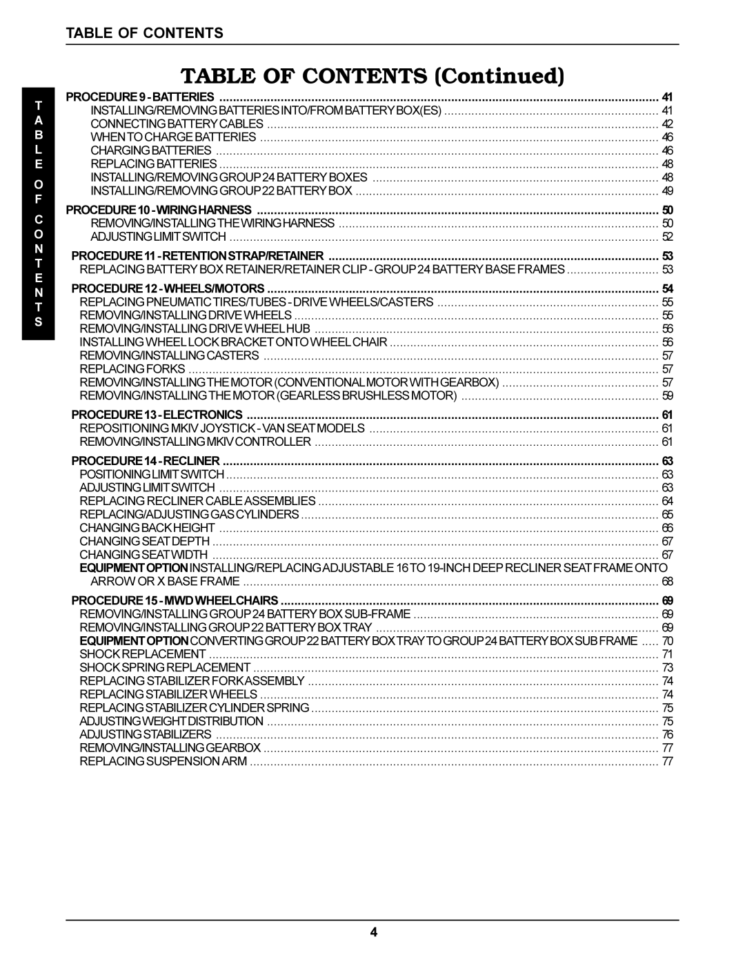 Invacare Torque SP, Arrow, Ranger X service manual Table of Contents 