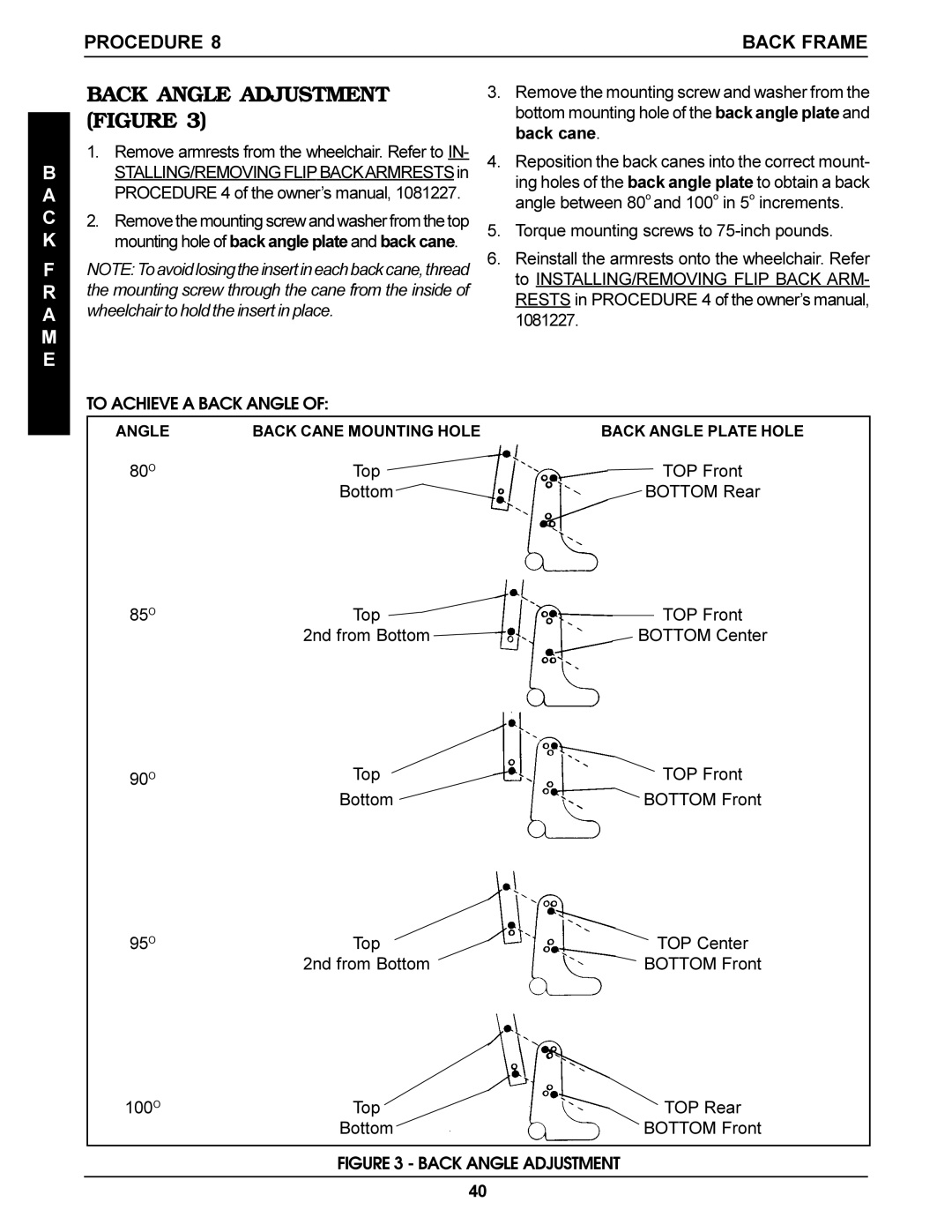 Invacare Torque SP, Arrow, Ranger X service manual Back Angle Adjustment Figure 