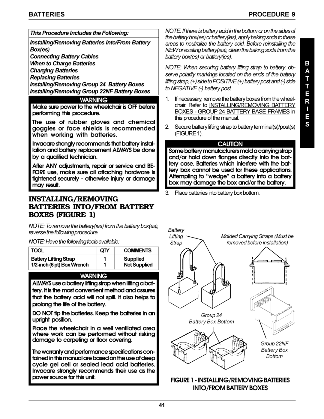 Invacare Ranger X, Arrow, Torque SP service manual Batteries Procedure, T T E 