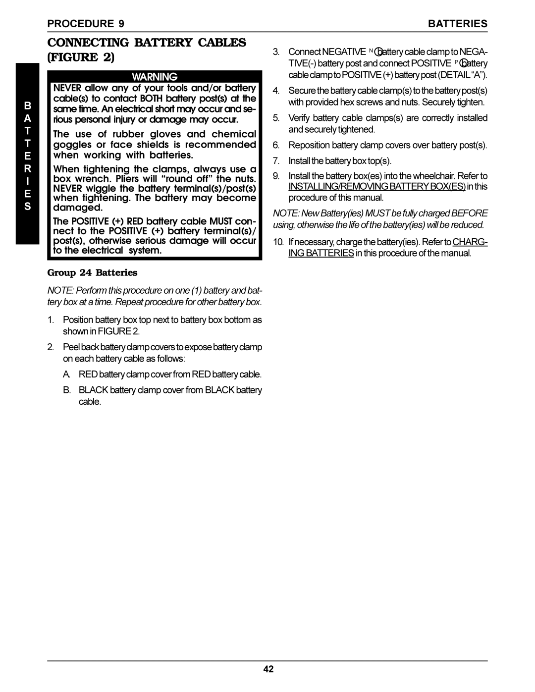 Invacare Arrow, Torque SP, Ranger X Connecting Battery Cables, T T E R I E S, Procedure 9BATTERIES, Group 24 Batteries 