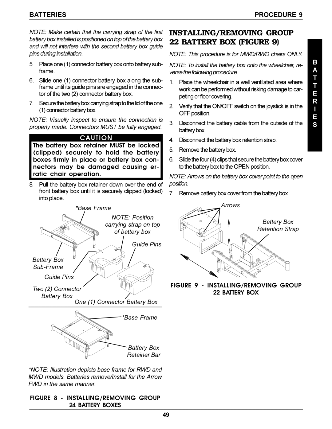 Invacare Torque SP, Arrow, Ranger X service manual INSTALLING/REMOVING Group 22 Battery BOX Figure 