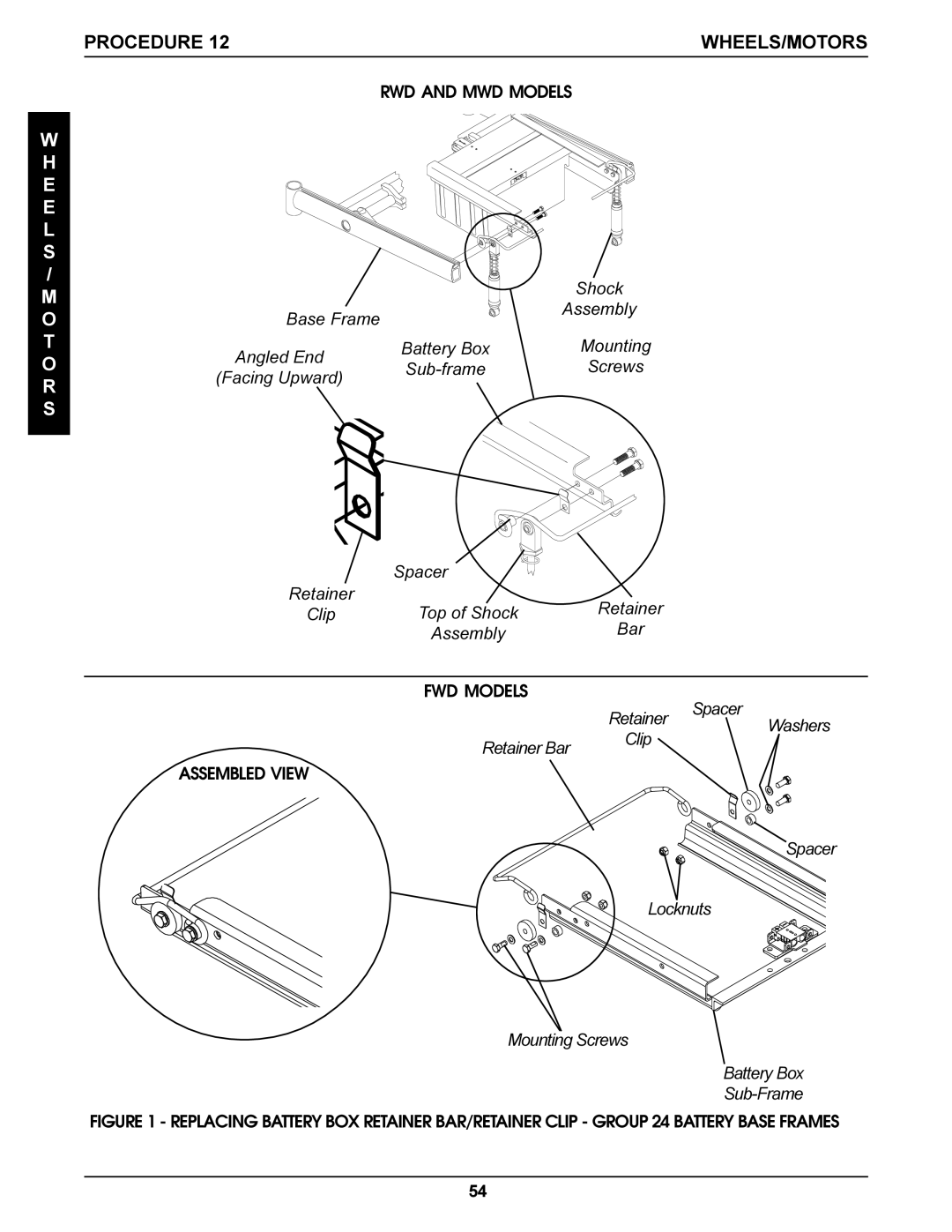 Invacare Arrow Procedure, Spacer Retainer, Retainer Clip, Bar, Spacer Locknuts Mounting Screws Battery Box Sub-Frame 