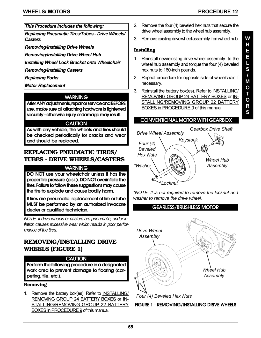 Invacare Torque SP, Arrow Replacing Pneumatic Tires, Tubes Drive WHEELS/CASTERS, REMOVING/INSTALLING Drive Wheels Figure 