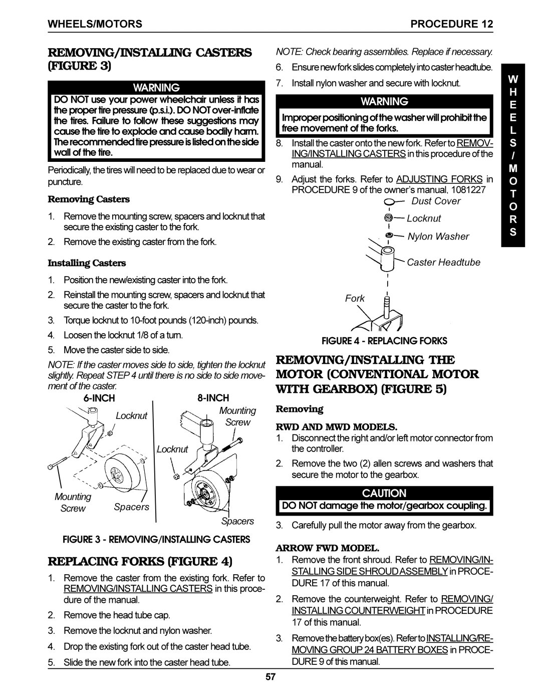 Invacare Arrow, Torque SP REMOVING/INSTALLING Casters Figure, Replacing Forks Figure, Wheels/Motors, Removing Casters 