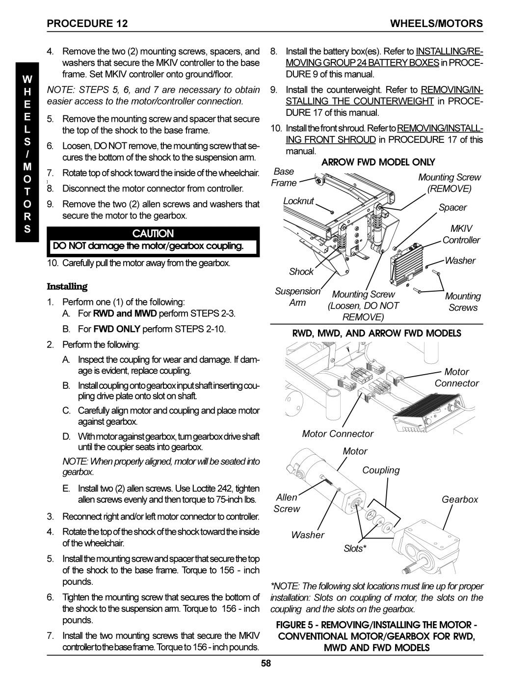 Invacare Torque SP, Arrow, Ranger X service manual Locknut Spacer, Washer Shock, Motor Connector Coupling Allen 