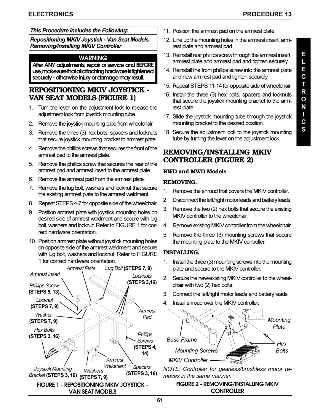 Invacare Torque SP, Arrow Repositioning Mkiv Joystick VAN Seat Models Figure, REMOVING/INSTALLING Mkiv Controller Figure 