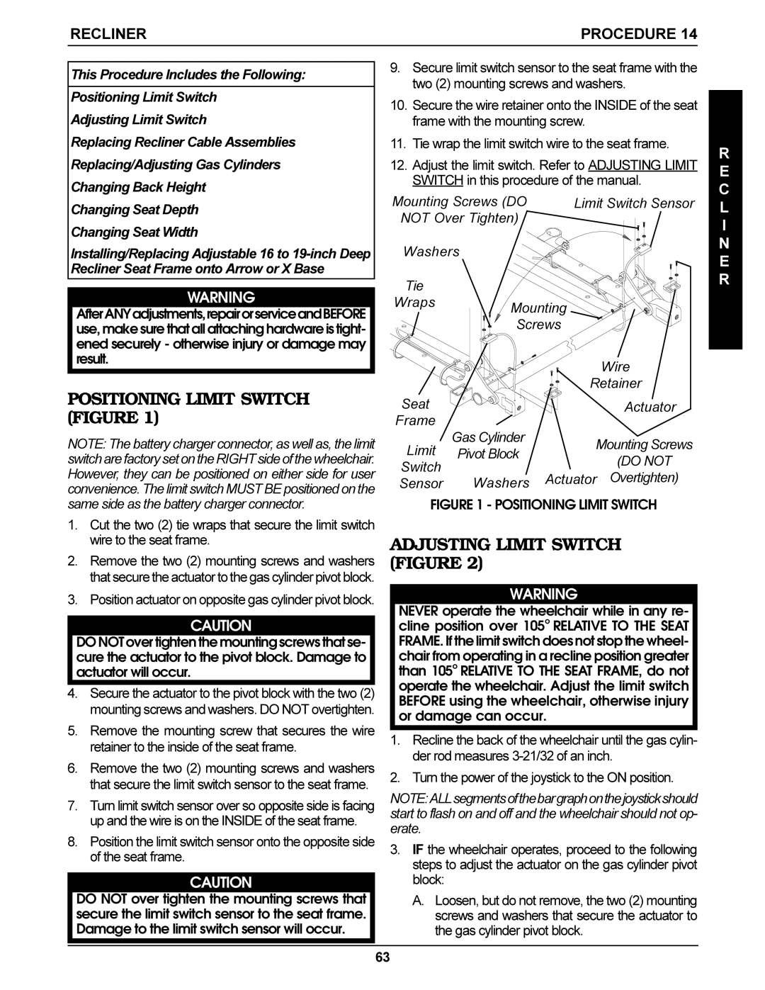 Invacare Arrow, Torque SP Positioning Limit Switch Figure, Recliner, C L I N E R, Switch Washers Actuator Overtighten 