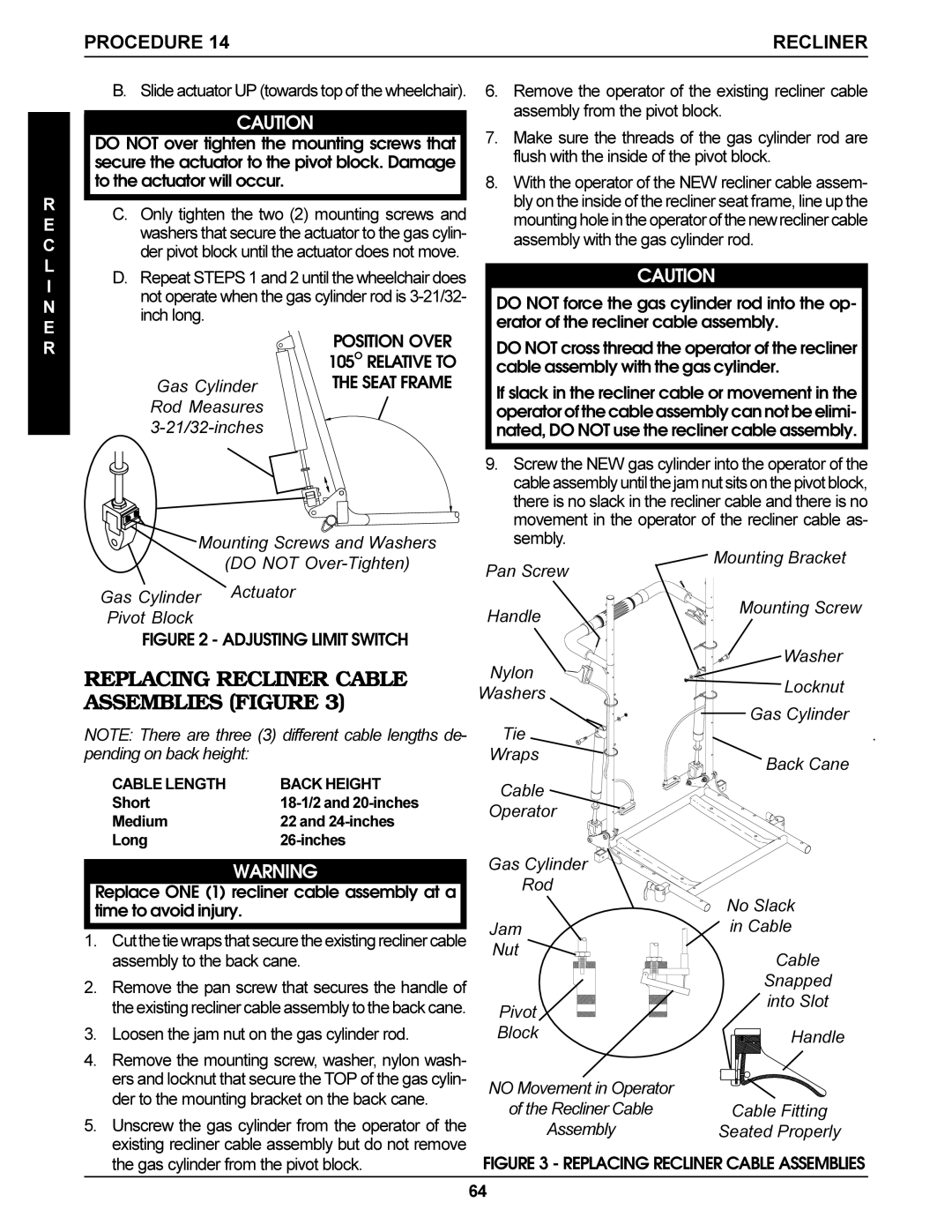 Invacare Torque SP, Arrow Replacing Recliner Cable Assemblies Figure, Do not Over-Tighten Gas Cylinder Actuator 