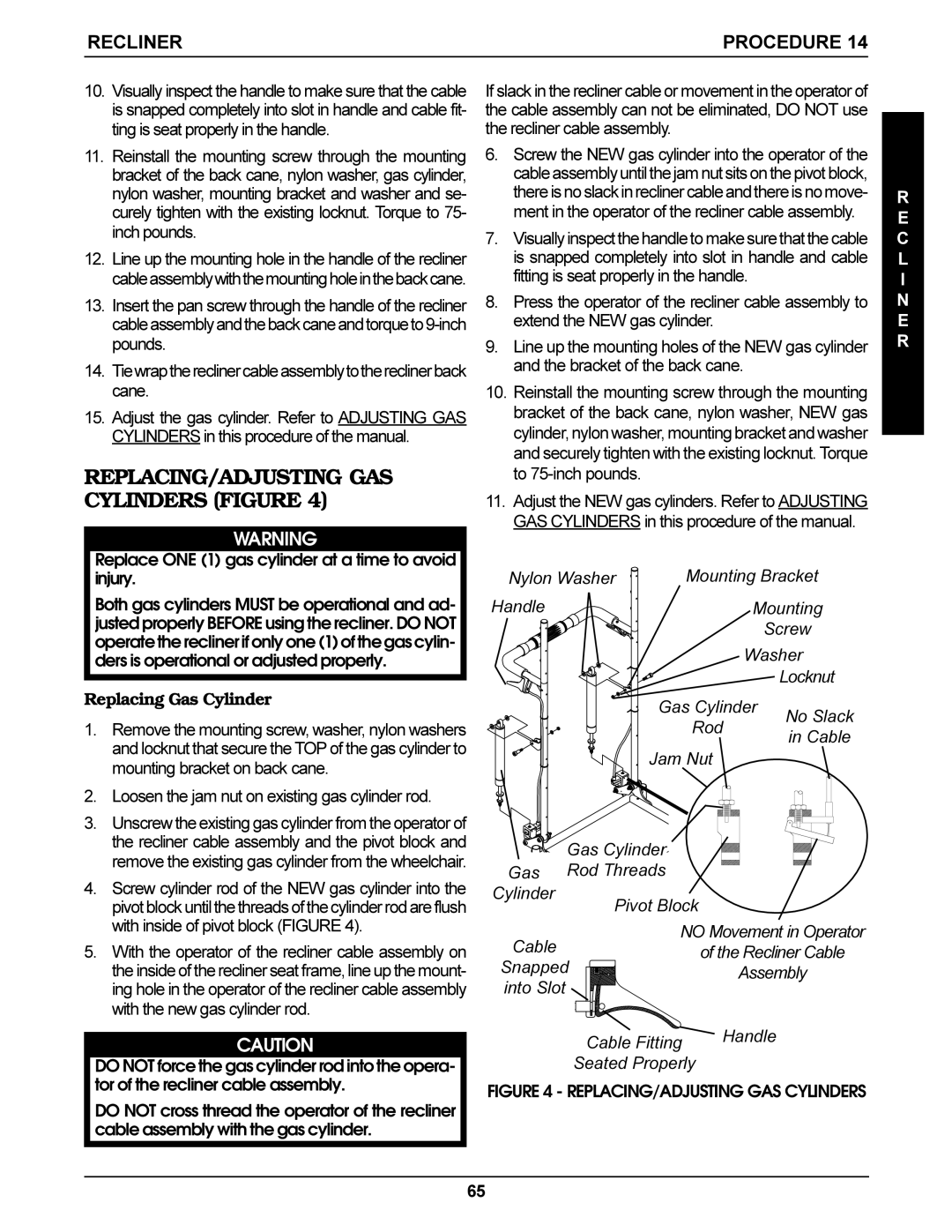 Invacare Ranger X, Arrow, Torque SP service manual REPLACING/ADJUSTING GAS Cylinders Figure, Replacing Gas Cylinder 