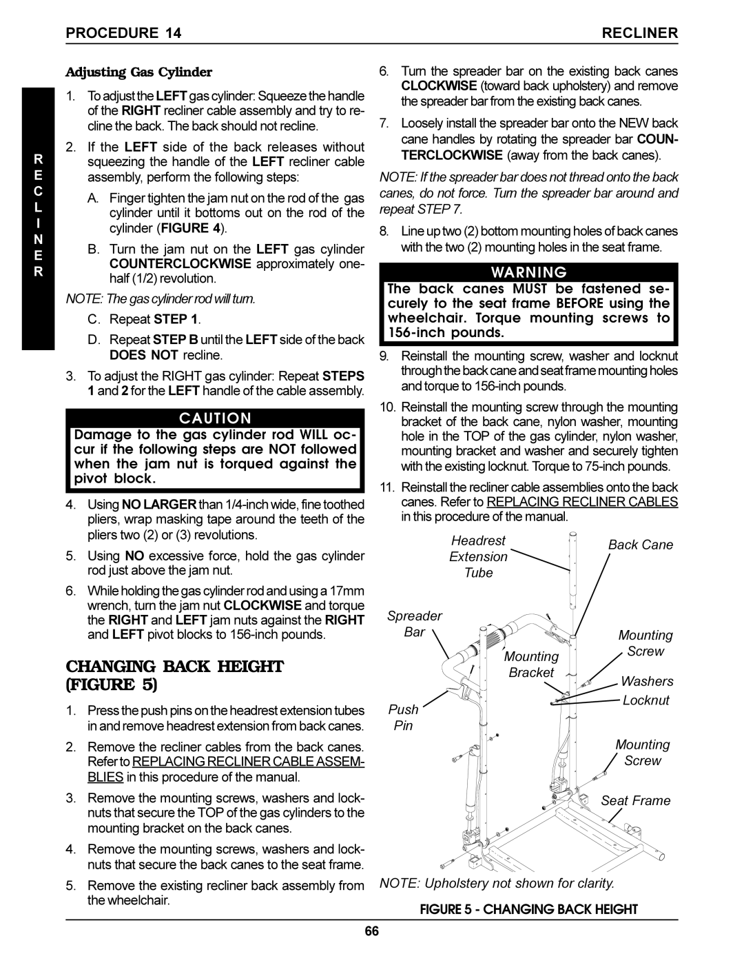 Invacare Arrow, Torque SP, Ranger X service manual Changing Back Height, Procedure Recliner, Adjusting Gas Cylinder 