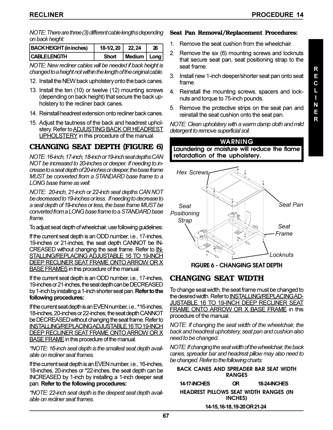 Invacare Torque SP, Arrow, Ranger X service manual Changing Seat Depth Figure, Changing Seat Width, Recliner Procedure 