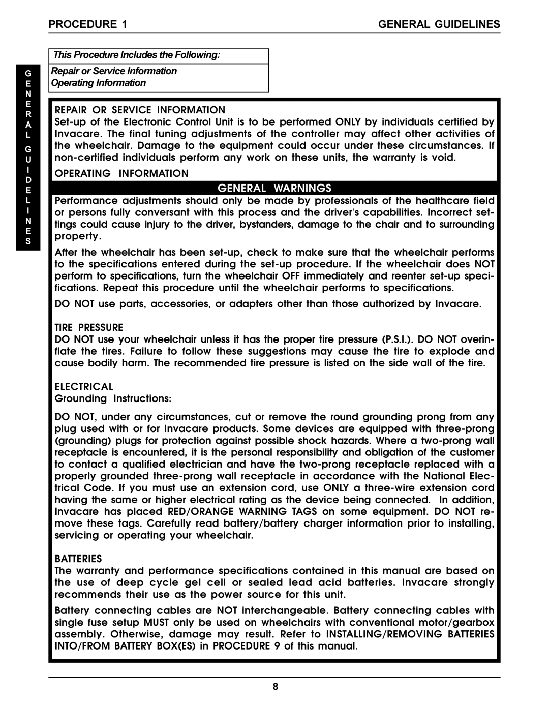 Invacare Ranger X, Arrow, Torque SP service manual Procedure General Guidelines, Repair or Service Information 