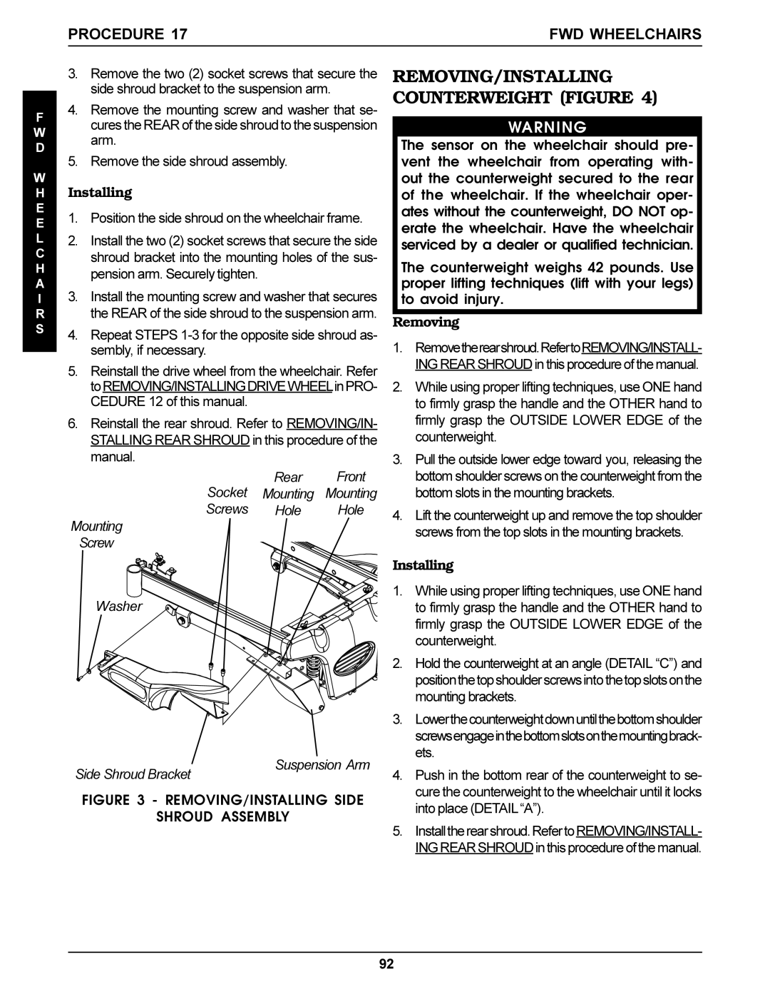 Invacare Ranger X, Arrow, Torque SP service manual REMOVING/INSTALLING Counterweight Figure, FWD Wheelchairs 