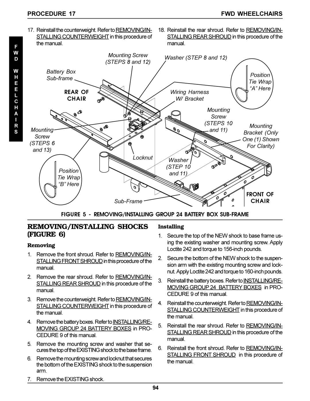 Invacare Torque SP, Arrow, Ranger X service manual REMOVING/INSTALLING Shocks Figure, Procedure FWD Wheelchairs 