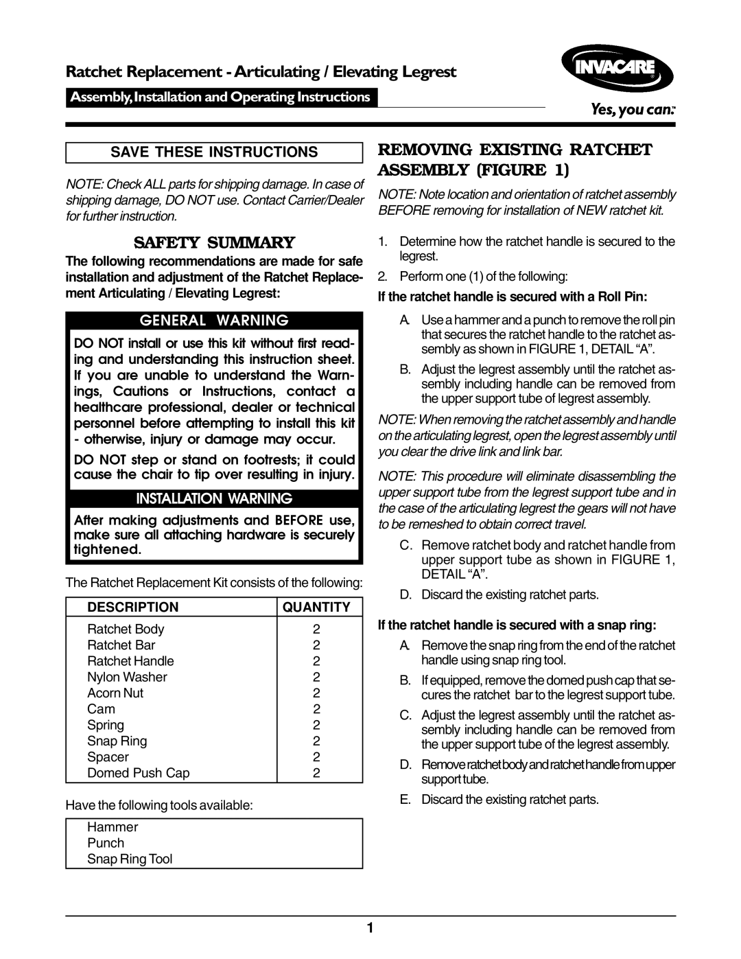 Invacare Articulating/Elevating Legrest operating instructions Removing Existing Ratchet Assembly Figure Safety Summary 