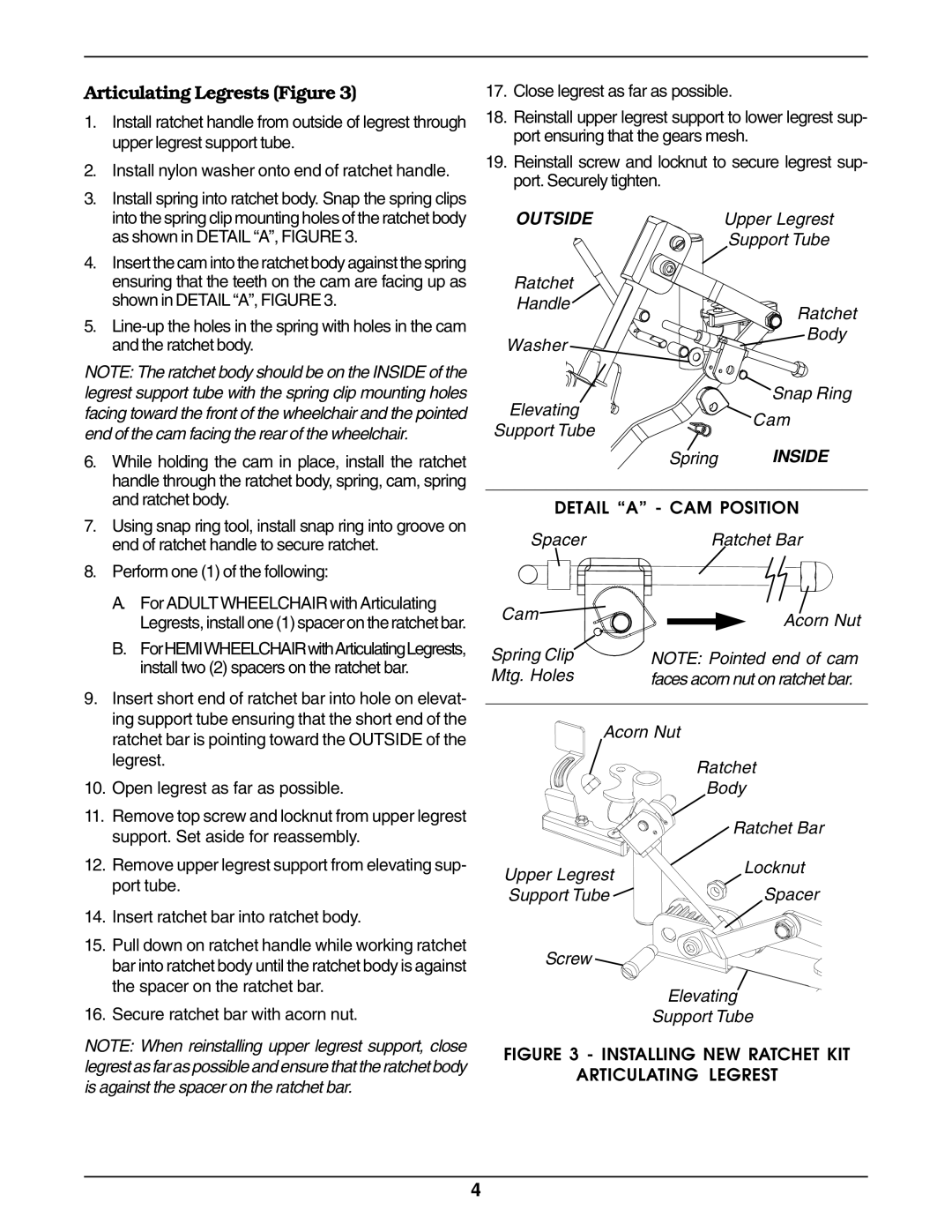 Invacare Articulating/Elevating Legrest operating instructions Articulating Legrests Figure, As shown in Detail A, Figure 