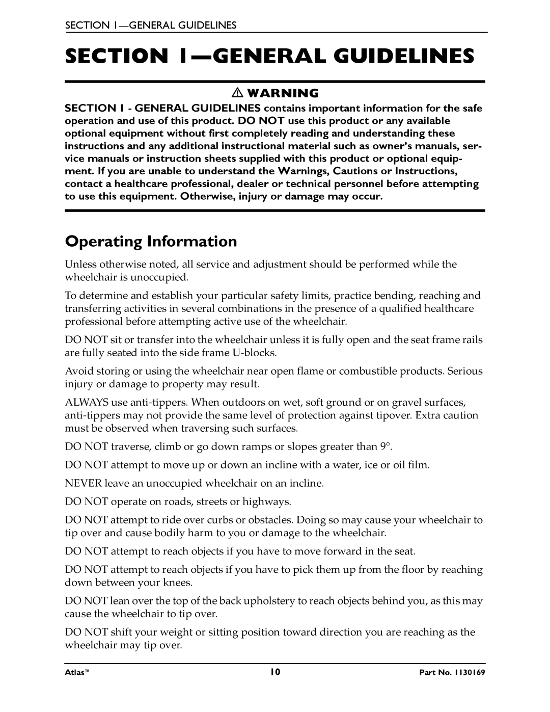 Invacare Atlas manual General Guidelines, Operating Information 