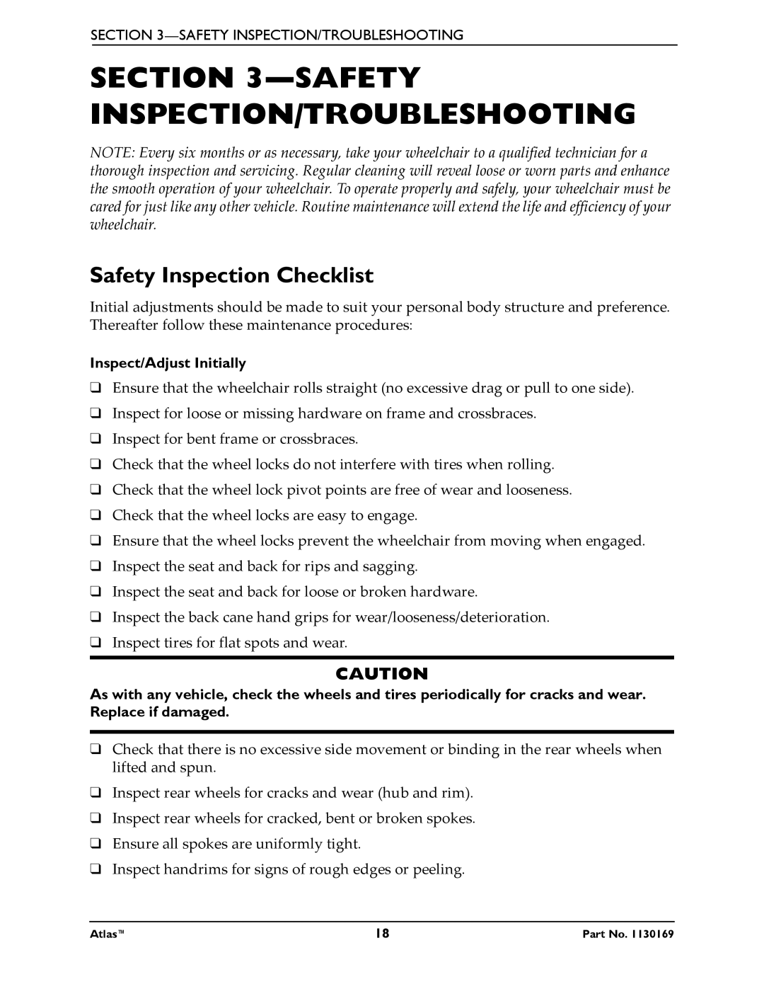 Invacare Atlas manual Safety INSPECTION/TROUBLESHOOTING, Safety Inspection Checklist, Inspect/Adjust Initially 