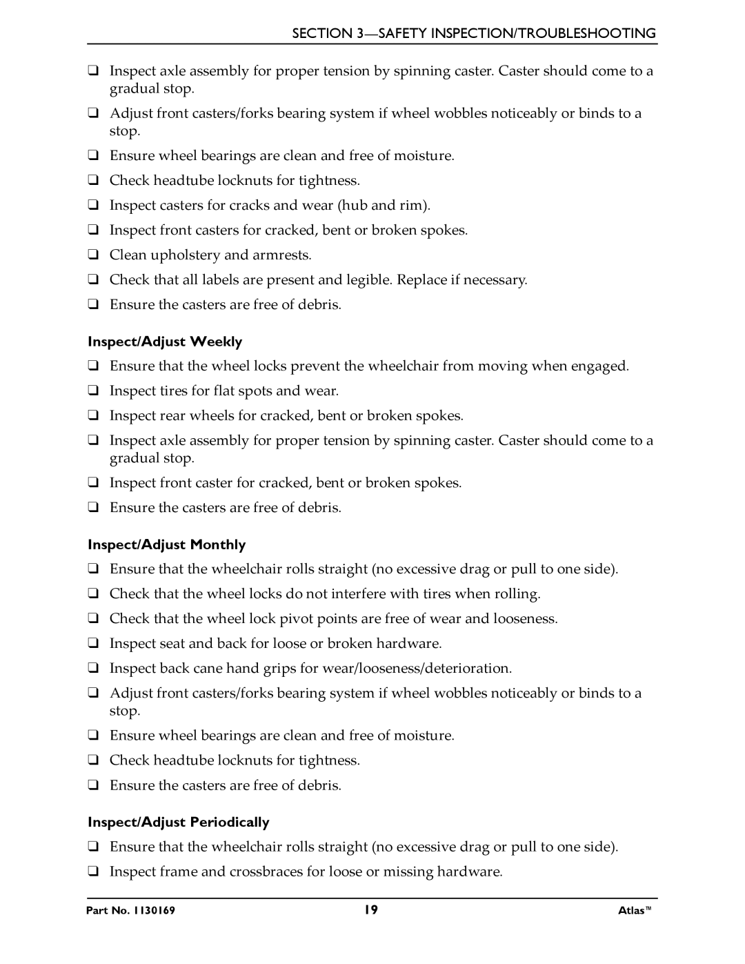 Invacare Atlas manual Inspect/Adjust Weekly, Inspect/Adjust Monthly, Inspect/Adjust Periodically 