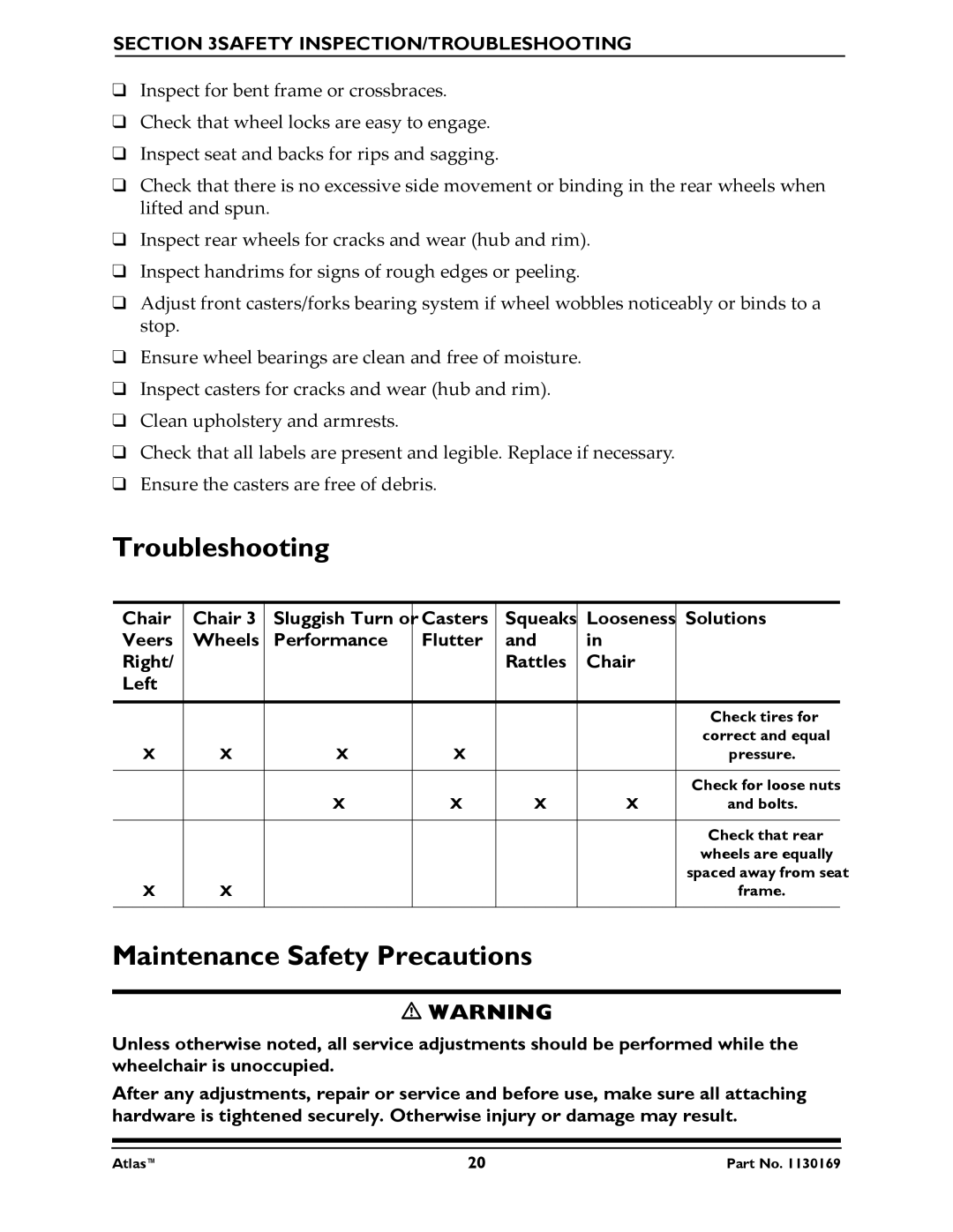 Invacare Atlas manual Troubleshooting, Maintenance Safety Precautions 