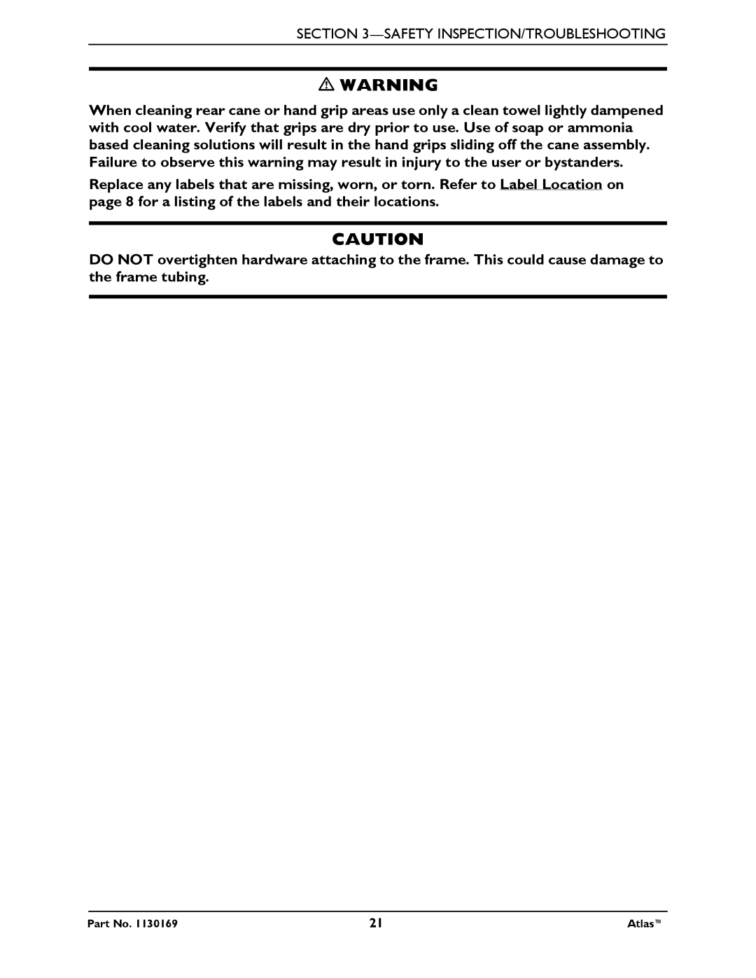 Invacare Atlas manual Safety INSPECTION/TROUBLESHOOTING 