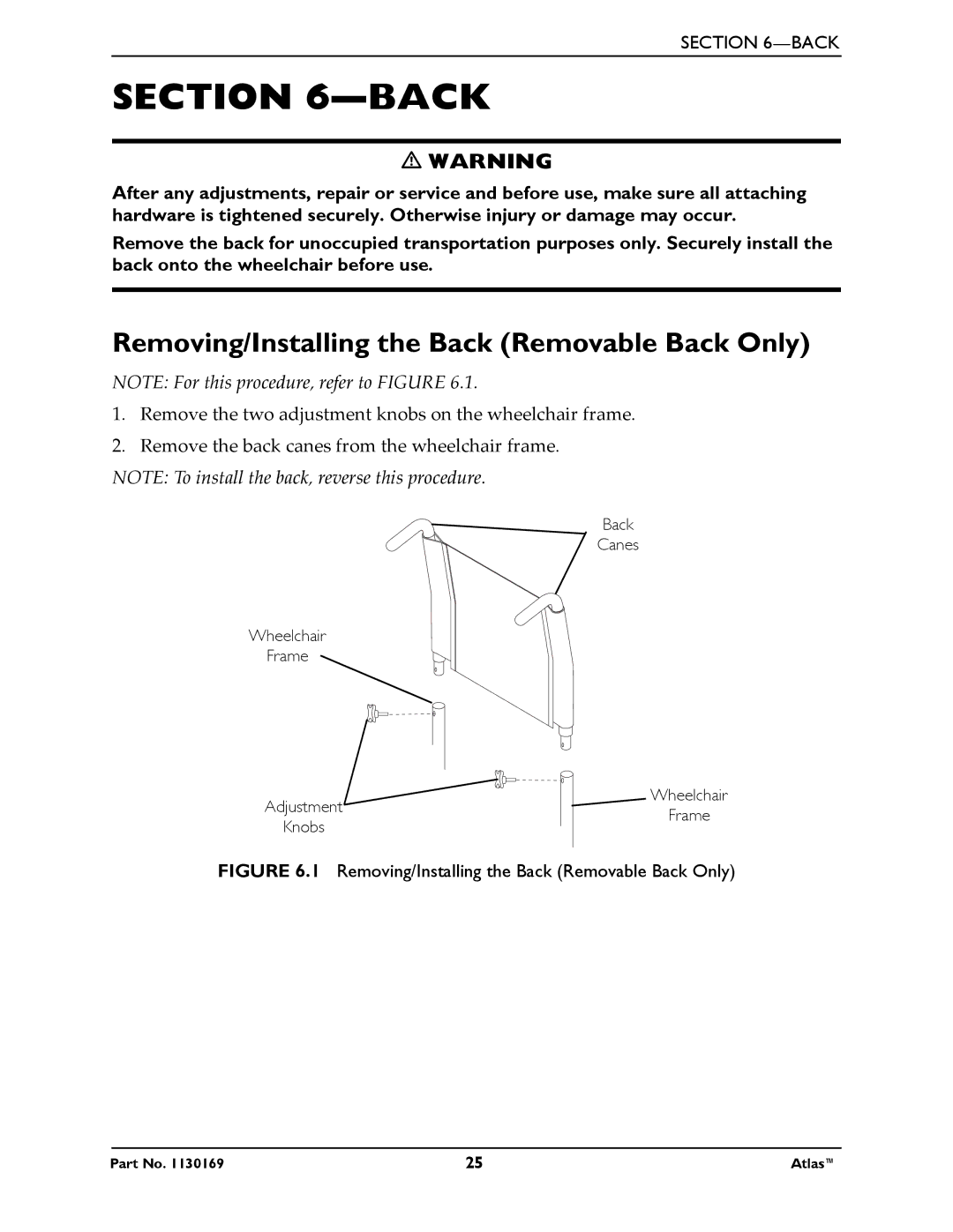 Invacare Atlas manual Removing/Installing the Back Removable Back Only 