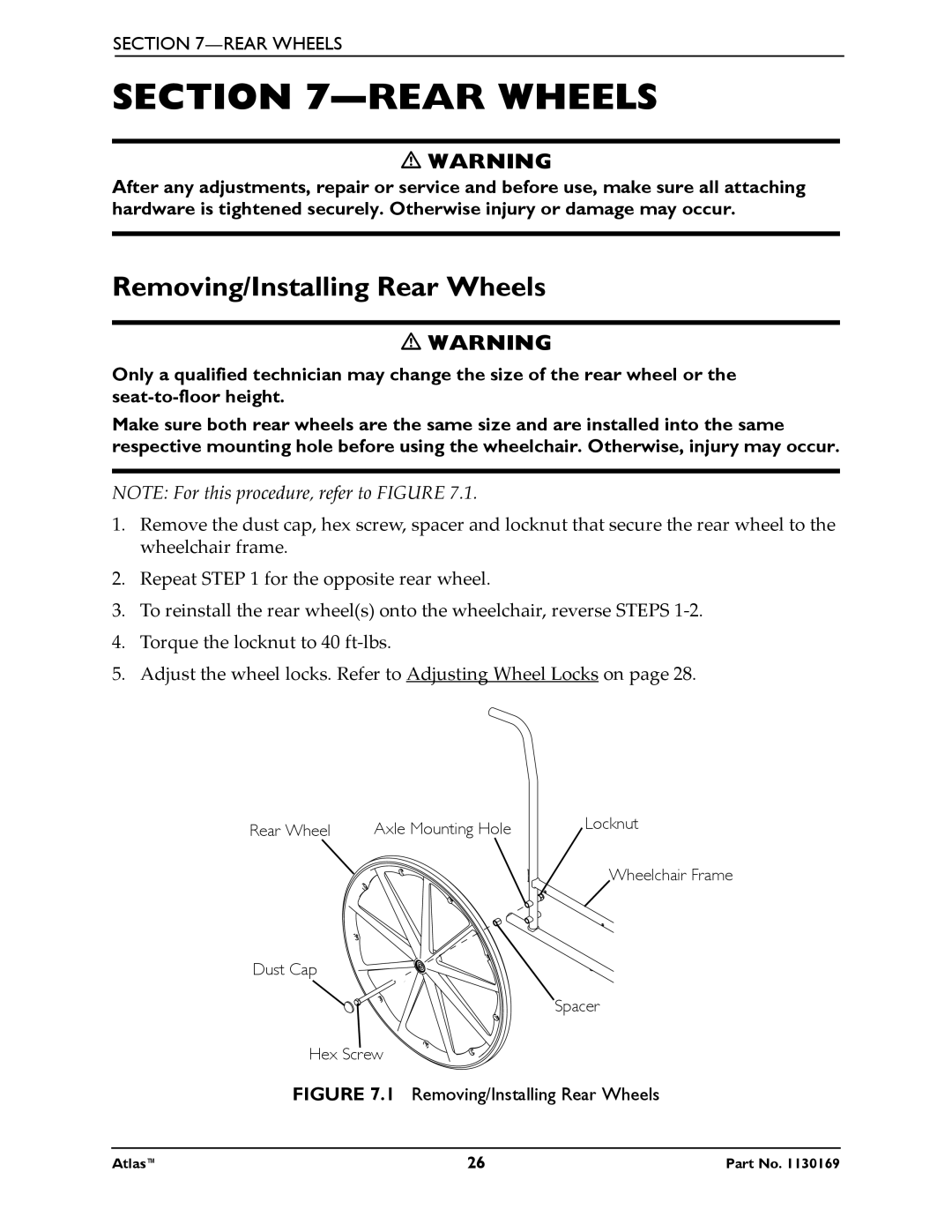 Invacare Atlas manual Removing/Installing Rear Wheels 