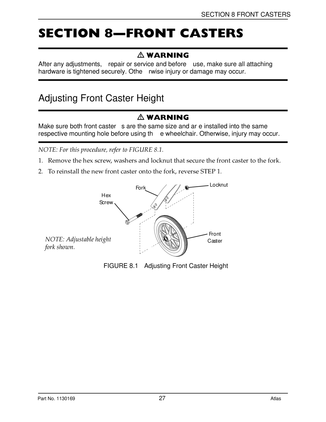 Invacare Atlas manual Front Casters, Adjusting Front Caster Height 