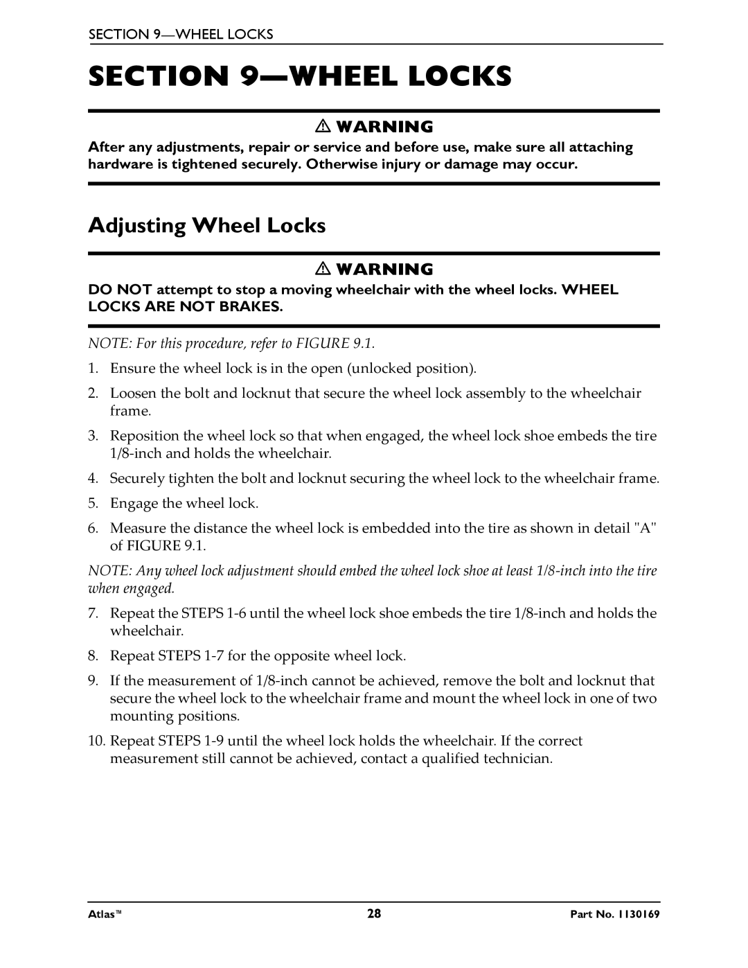 Invacare Atlas manual Adjusting Wheel Locks 