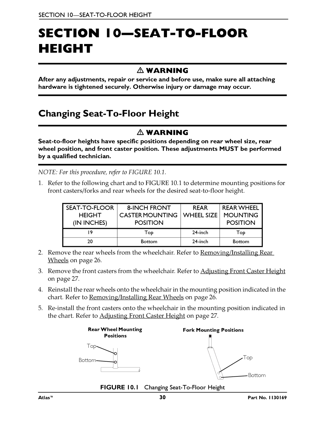 Invacare Atlas manual SEAT-TO-FLOOR Height, Changing Seat-To-Floor Height 