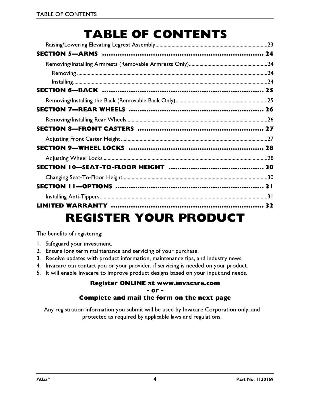 Invacare Atlas manual Register Your Product, Complete and mail the form on the next 